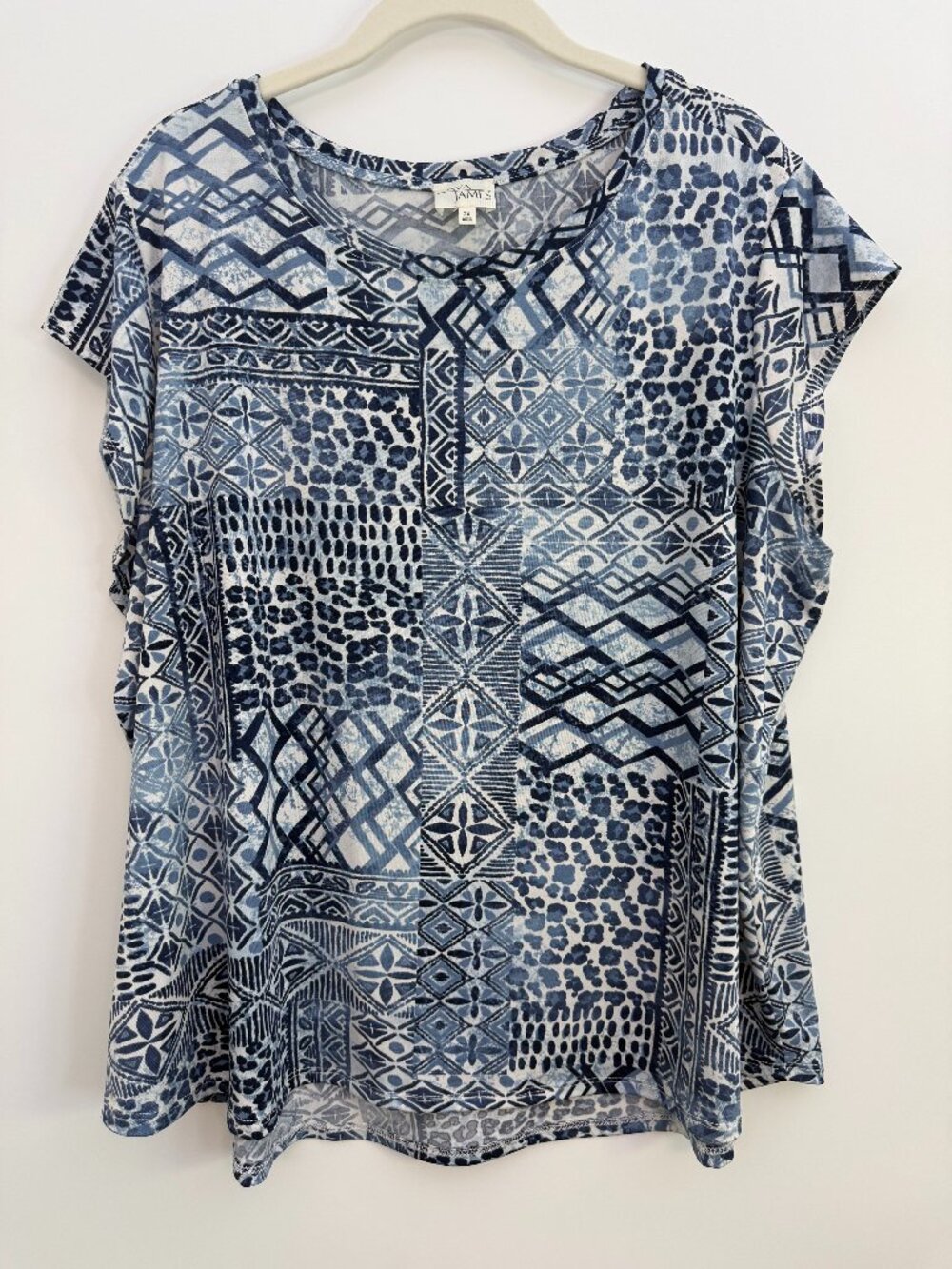 Ava James Womens 2X Blouse Blue White Lightweight Cap Sleeve Pullover Cool Comfy